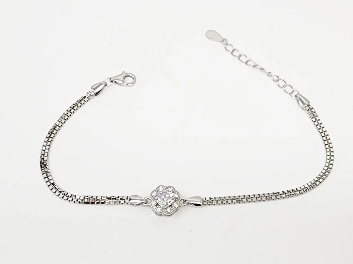 Sterling Silver Cubic Zirconia Set Double Box Chain Link Bracelet 16cm + 3cm - SSCZB02