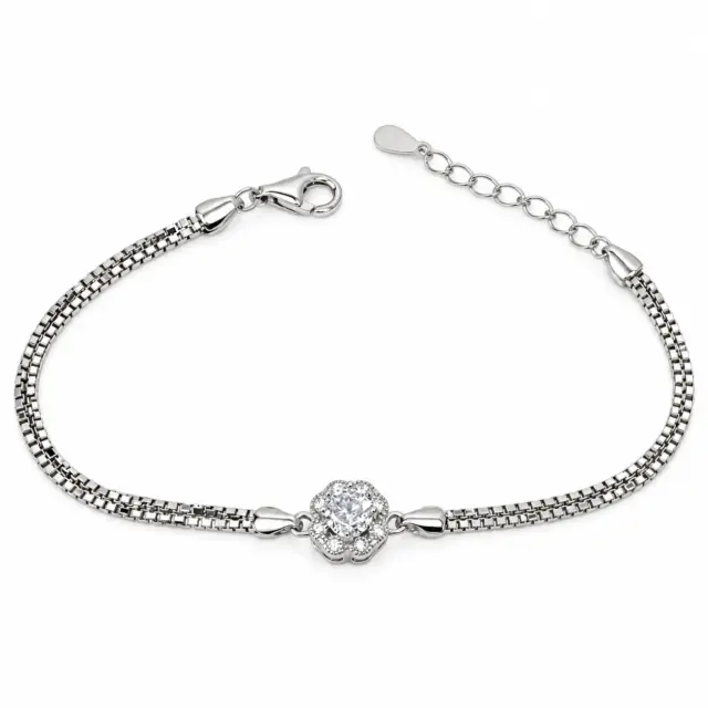 Sterling Silver Cubic Zirconia Set Double Box Chain Link Bracelet 16cm + 3cm - SSCZB02