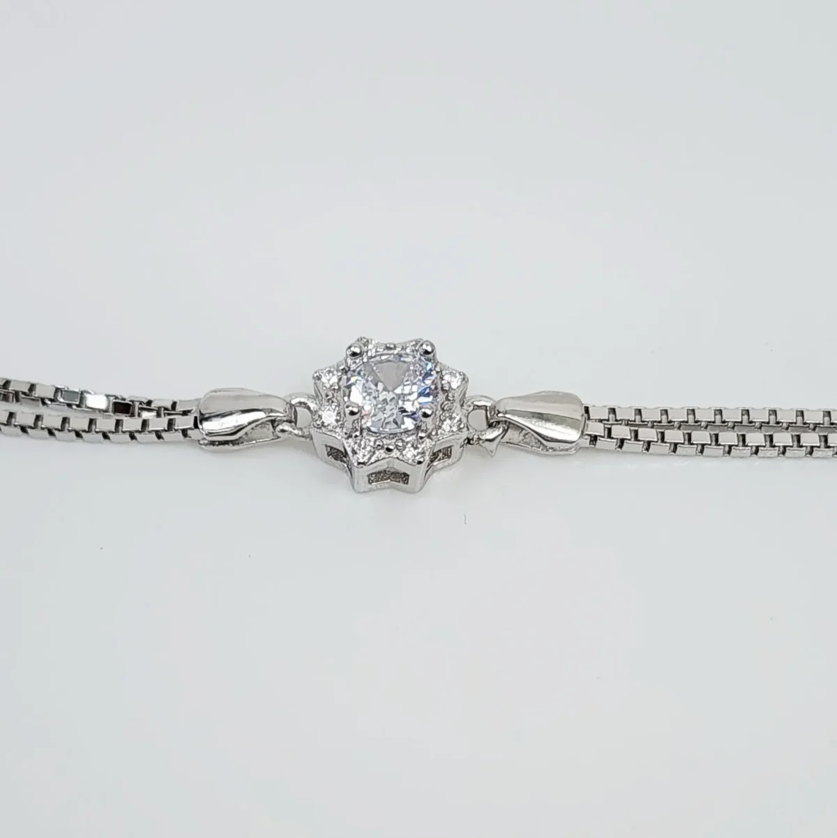 Sterling Silver Cubic Zirconia Set Double Box Chain Link Bracelet 16cm + 3cm - SSCZB01