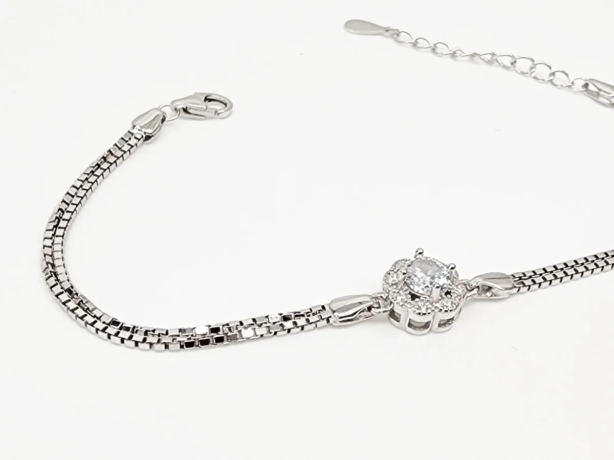 Sterling Silver Cubic Zirconia Set Double Box Chain Link Bracelet 16cm + 3cm - SSCZB02
