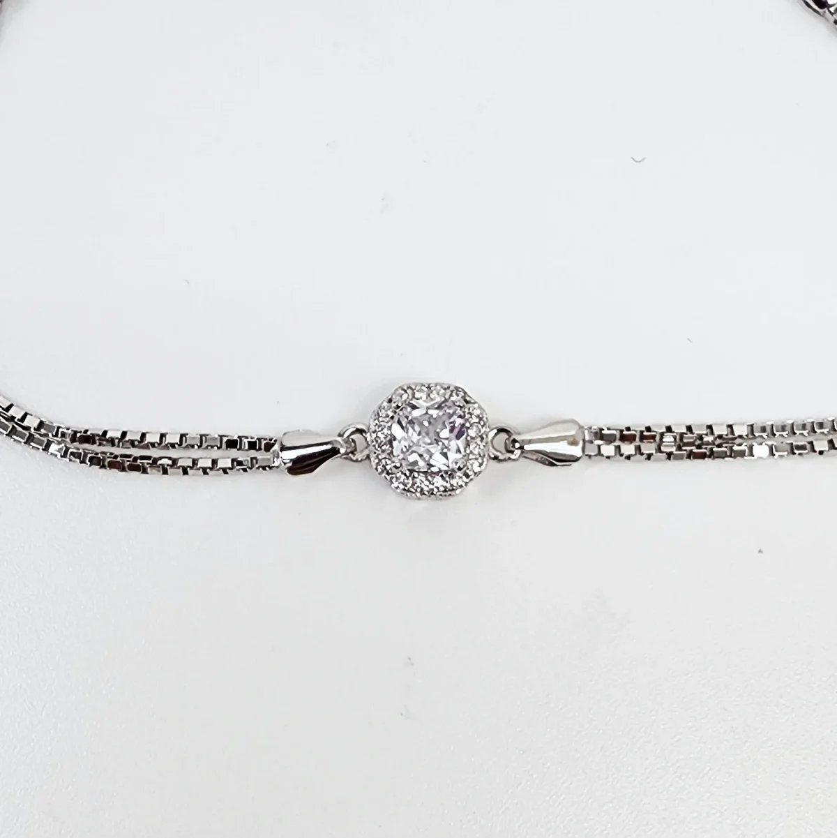 Sterling Silver Cubic Zirconia Set Double Box Chain Link Bracelet 16cm + 3cm - SSCZB03