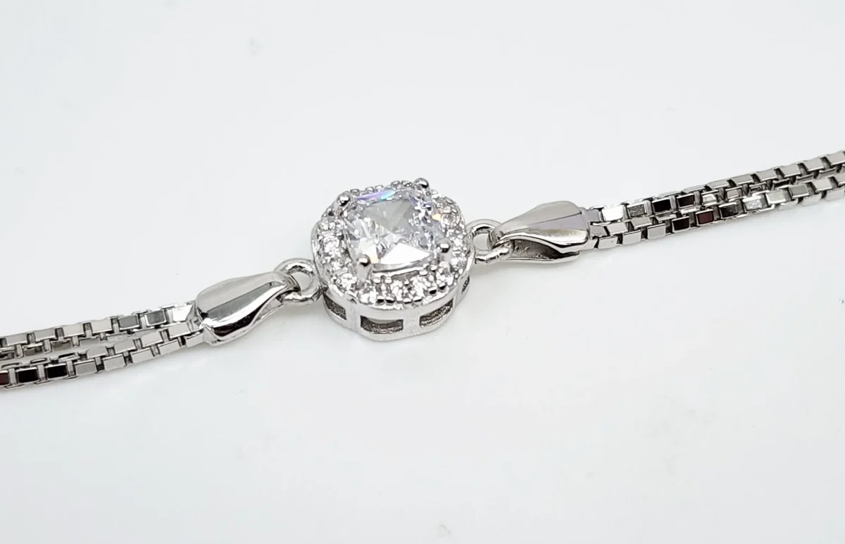 Sterling Silver Cubic Zirconia Set Double Box Chain Link Bracelet 16cm + 3cm - SSCZB03