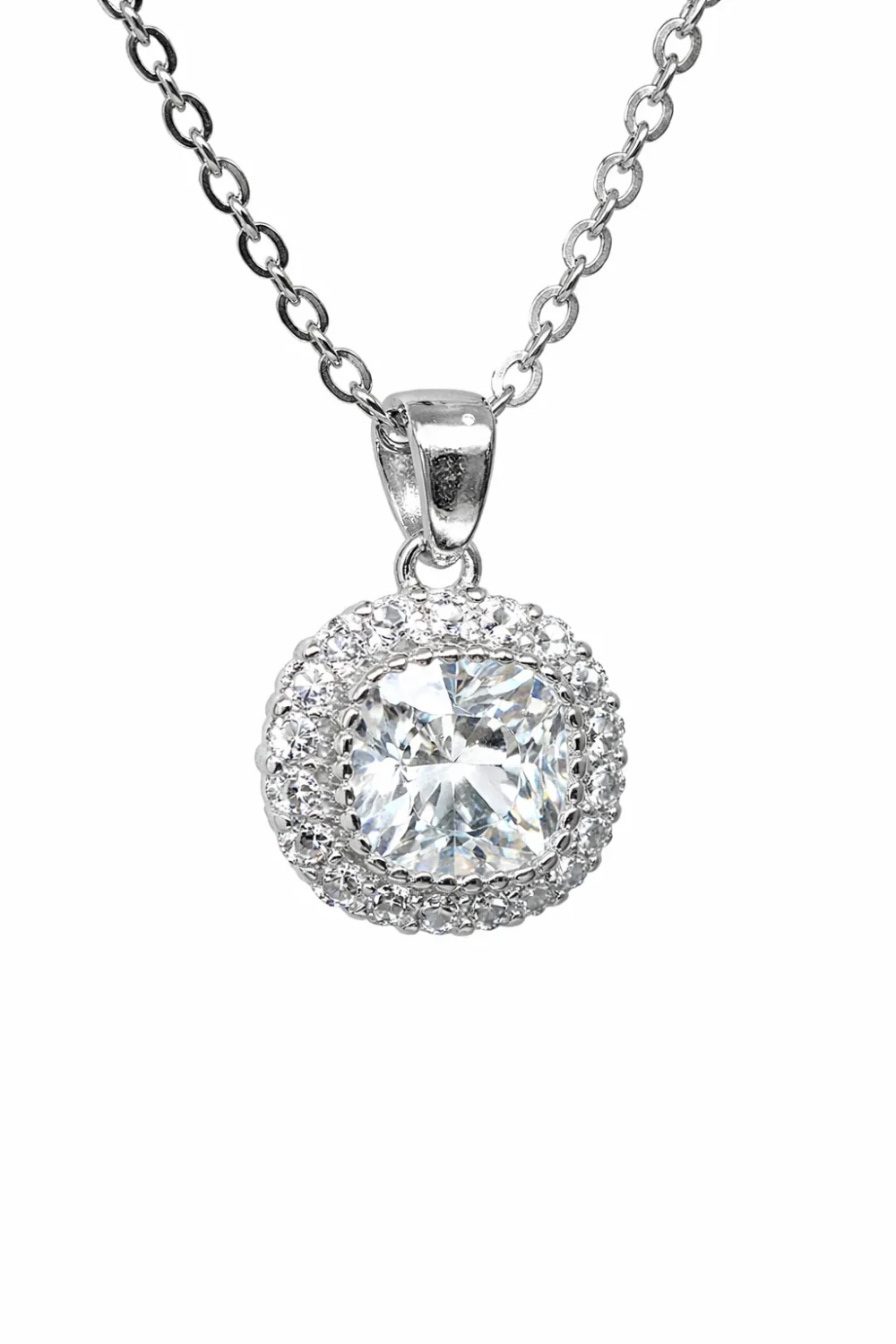 Sterling Silver Cushion CZ Halo Pendant Necklace (8.20mm x 8.20mm) - V08220HP