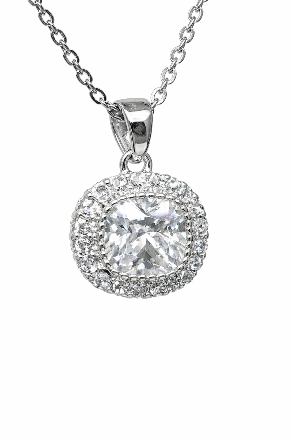 Sterling Silver Cushion CZ Halo Pendant Necklace (8.20mm x 8.20mm) - V08220HP