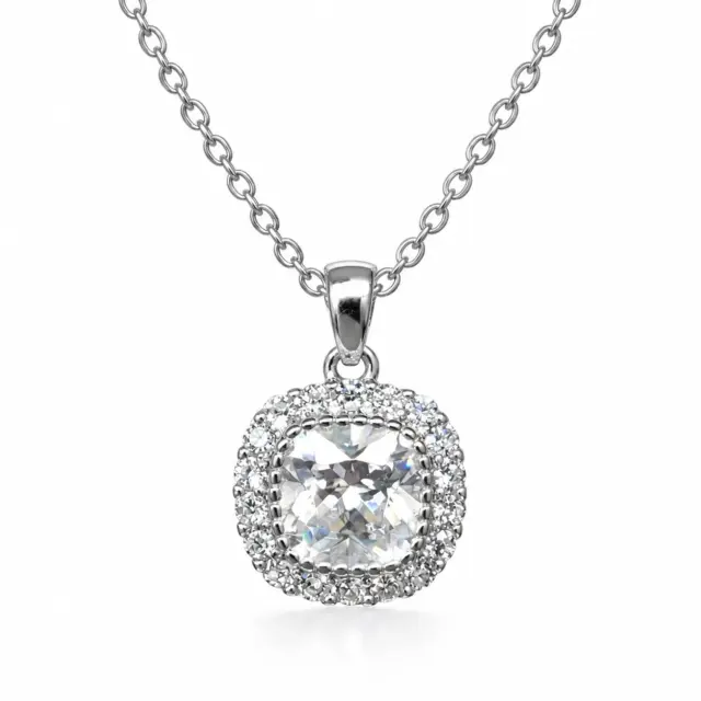 Sterling Silver Cushion CZ Halo Pendant Necklace (8.20mm x 8.20mm) - V08220HP