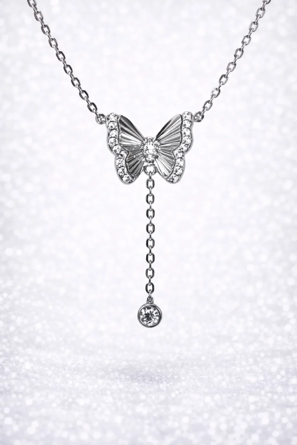 Sterling Silver CZ Butterfly Drop Pendant Necklace – Marquise Centre with CZ Halo Wings - YL7391101