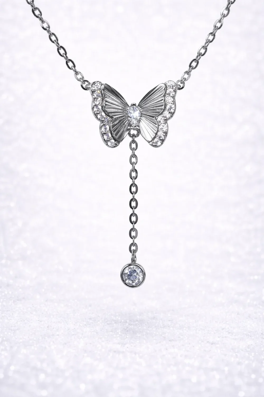 Sterling Silver CZ Butterfly Drop Pendant Necklace – Marquise Centre with CZ Halo Wings - YL7391101