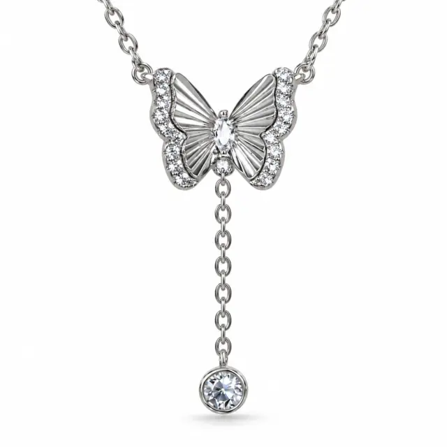 Sterling Silver CZ Butterfly Drop Pendant Necklace – Marquise Centre with CZ Halo Wings - YL7391101