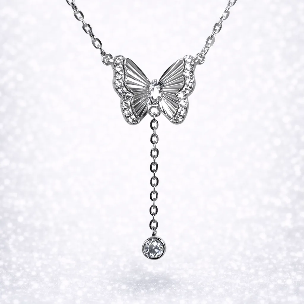 Sterling Silver CZ Butterfly Drop Pendant Necklace – Marquise Centre with CZ Halo Wings - YL7391101