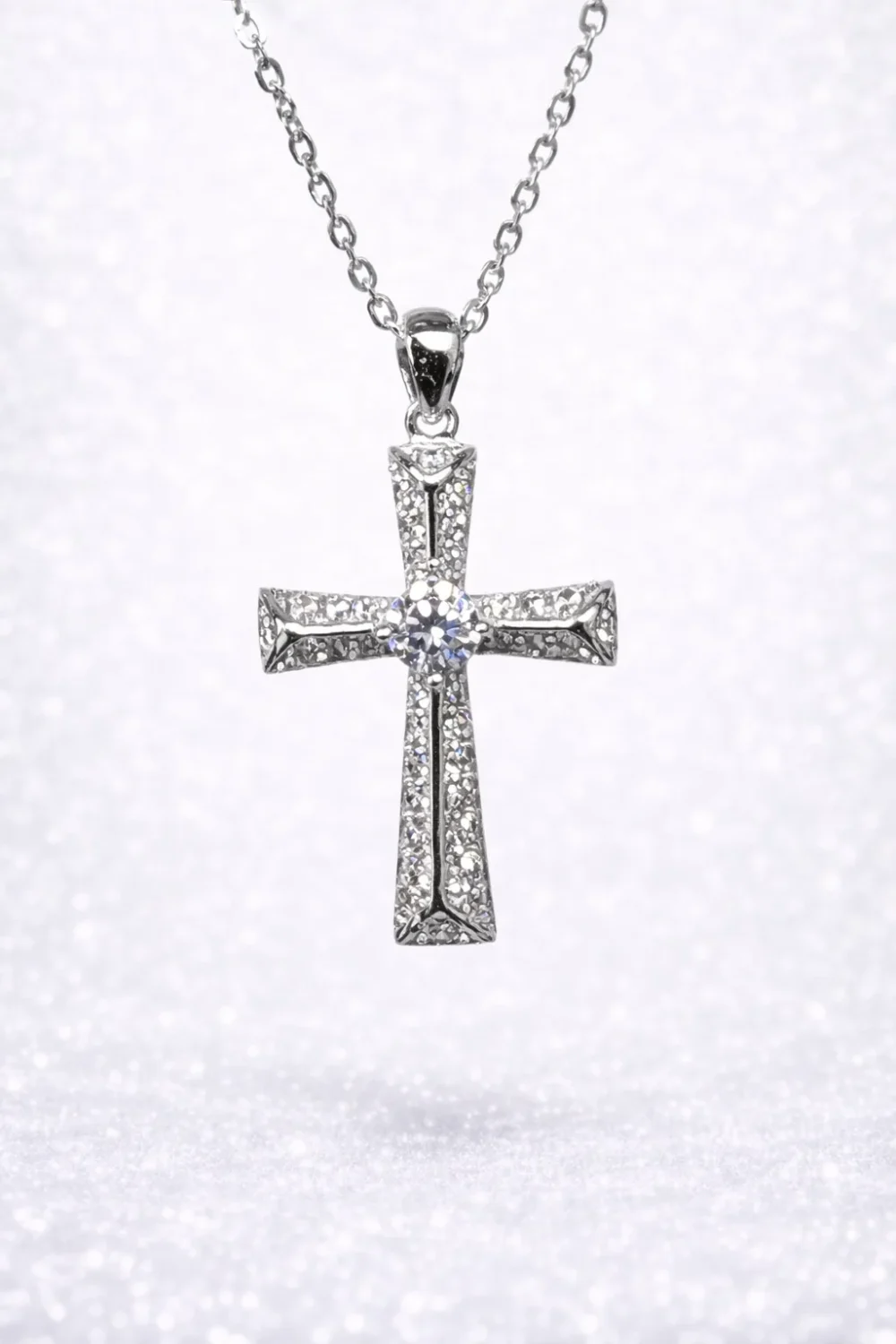 Sterling Silver CZ Cross Pendant Necklace – Micro Set Cross with Centre Stone - XL090158B
