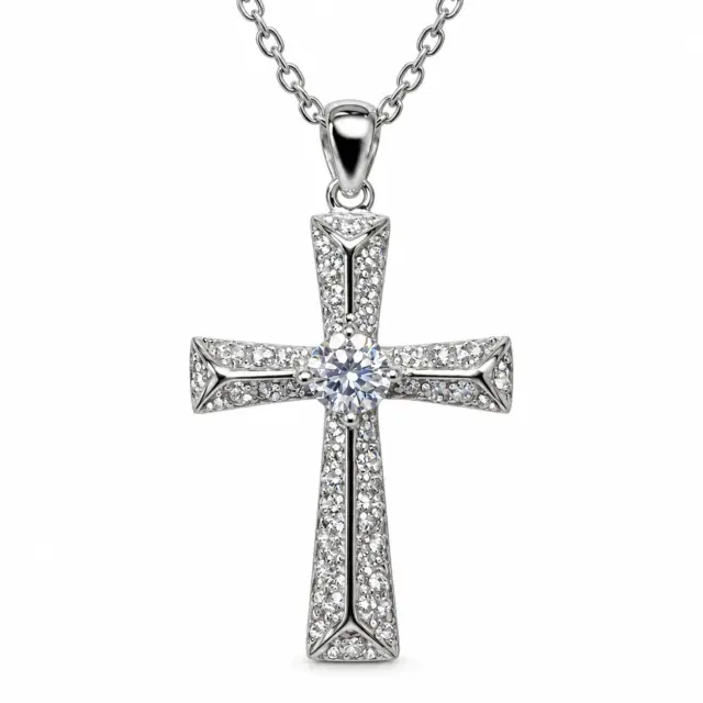 Sterling Silver CZ Cross Pendant Necklace – Micro Set Cross with Centre Stone - XL090158B