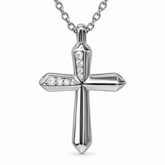Sterling Silver CZ Cross Pendant Necklace – Polished Modern Design with Adjustable Chain - XL090143B