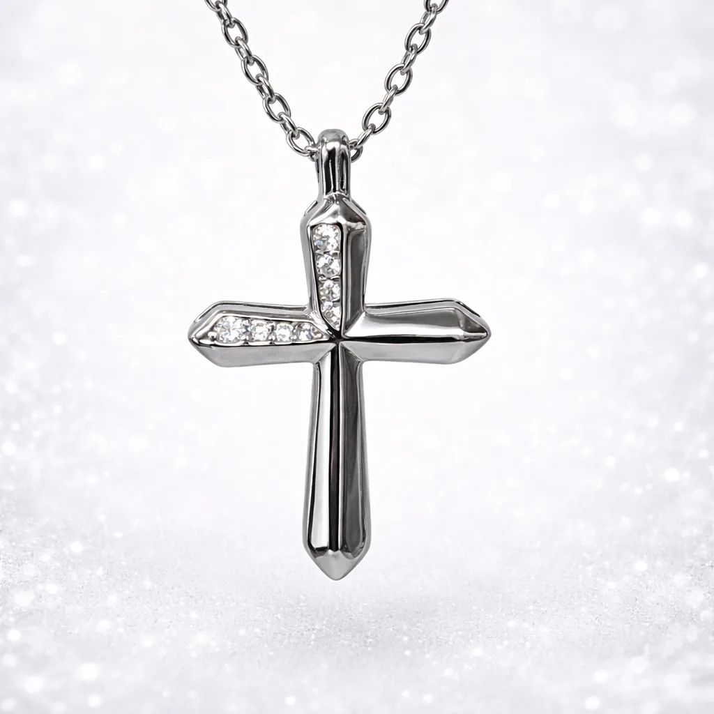 Sterling Silver CZ Cross Pendant Necklace – Polished Modern Design with Adjustable Chain - XL090143B