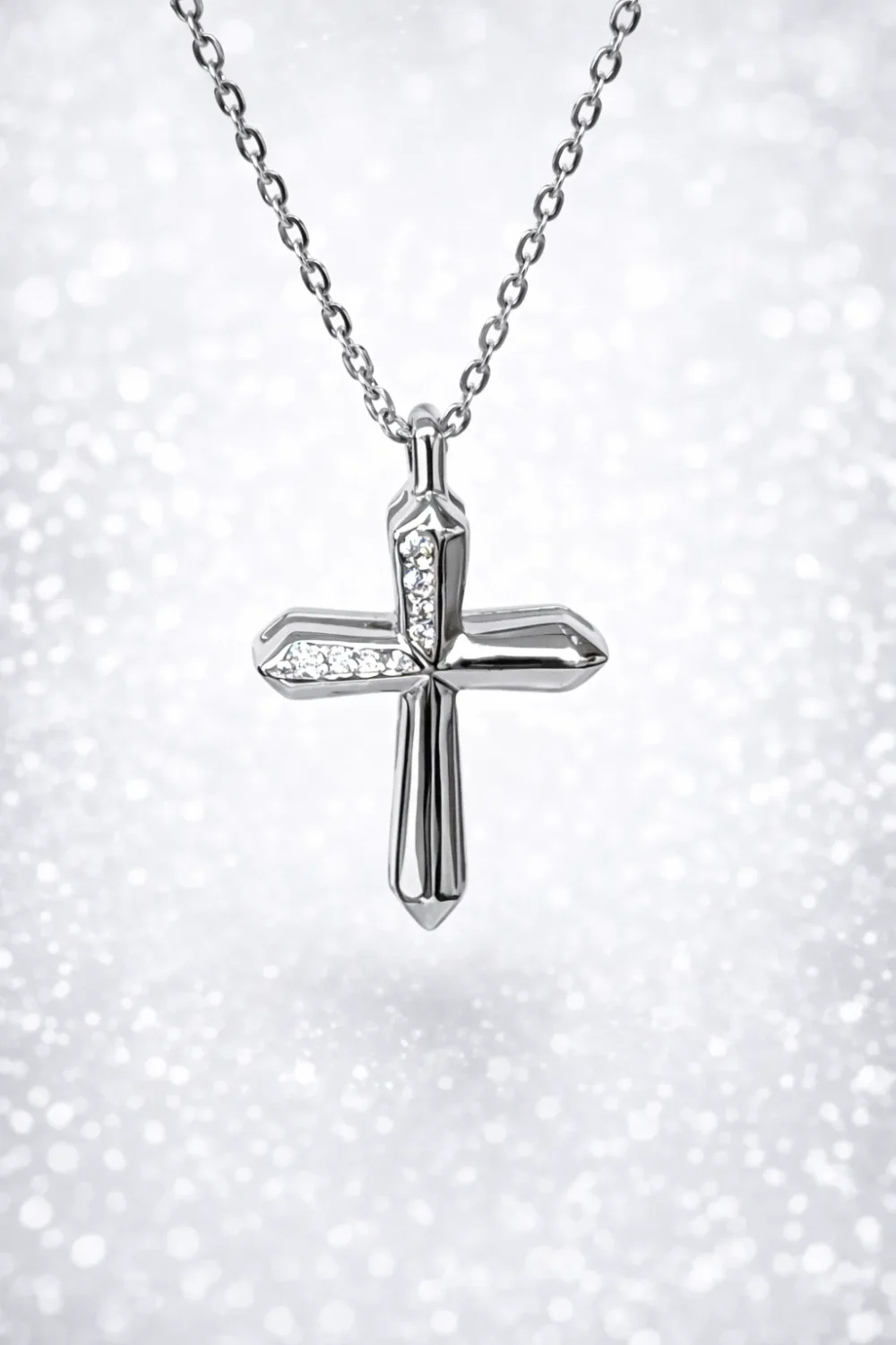 Sterling Silver CZ Cross Pendant Necklace – Polished Modern Design with Adjustable Chain - XL090143B