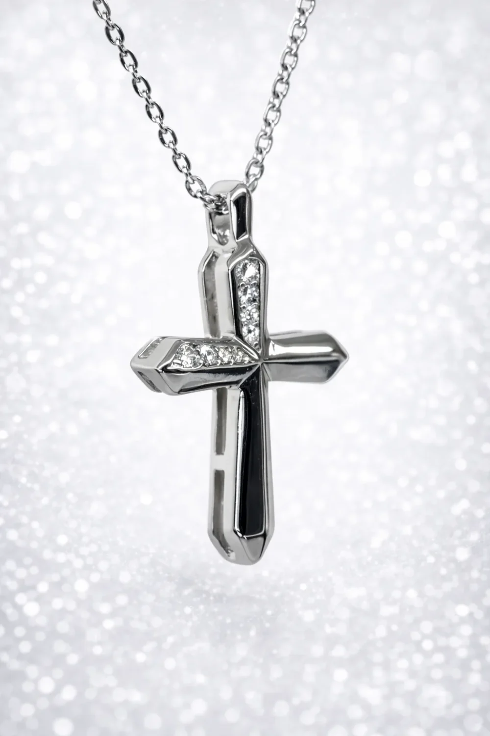 Sterling Silver CZ Cross Pendant Necklace – Polished Modern Design with Adjustable Chain - XL090143B