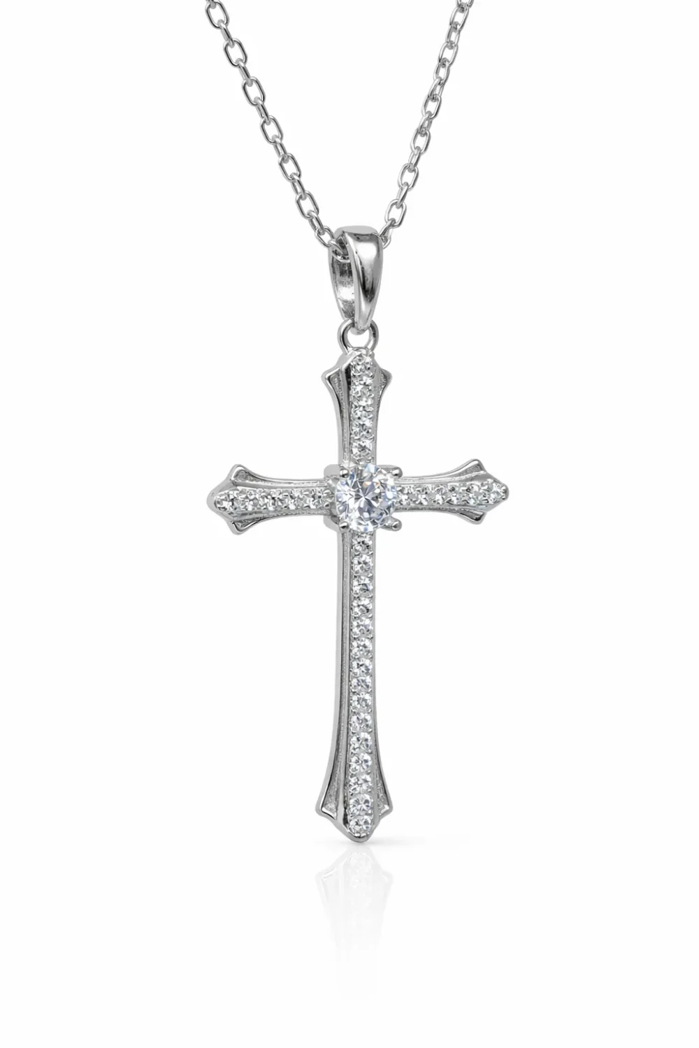 Sterling Silver CZ Cross Pendant with Chain – 16mm x 25mm - XL070324B