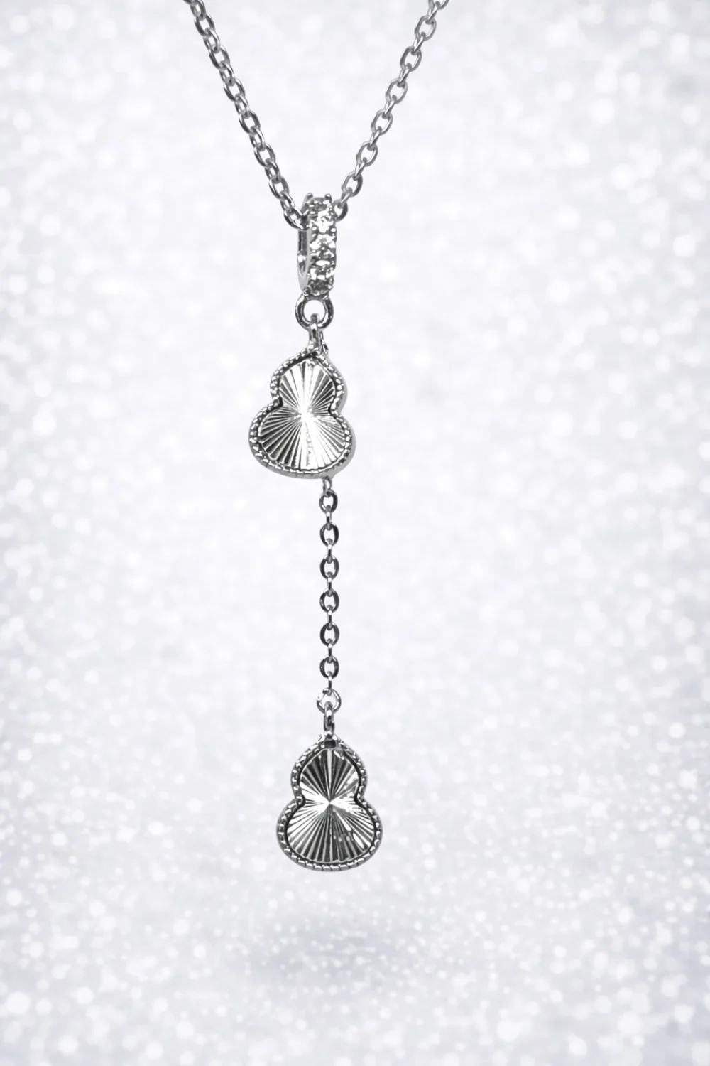 Sterling Silver CZ Drop Pendant Necklace – Double Motif Design with CZ Set Bale - YL7739101