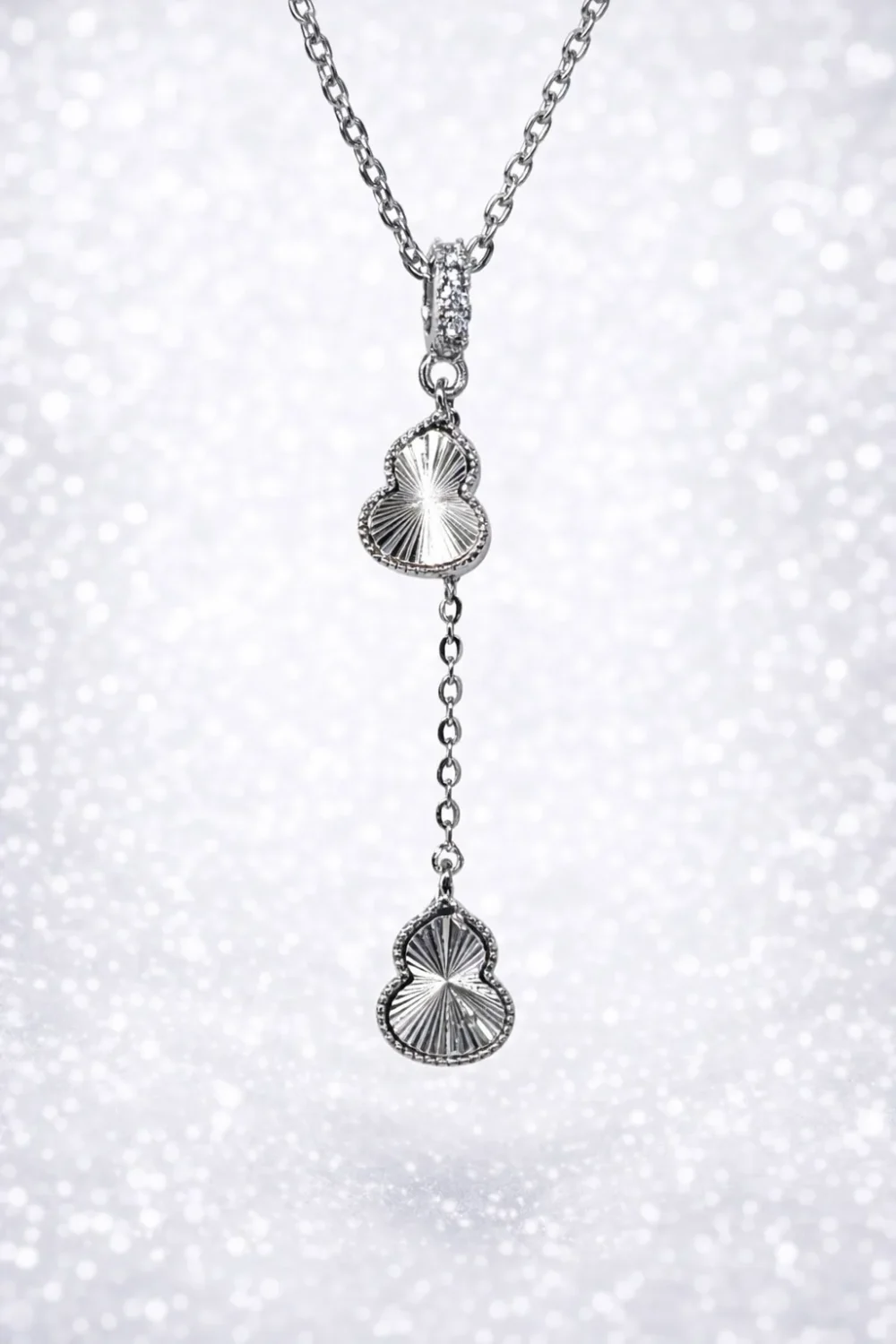 Sterling Silver CZ Drop Pendant Necklace – Double Motif Design with CZ Set Bale - YL7739101
