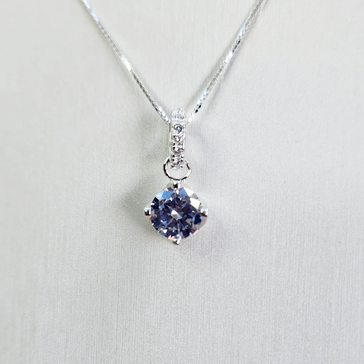 Sterling Silver CZ Drop with Round 4 Claw CZ Pendant and Sterling Silver Chain