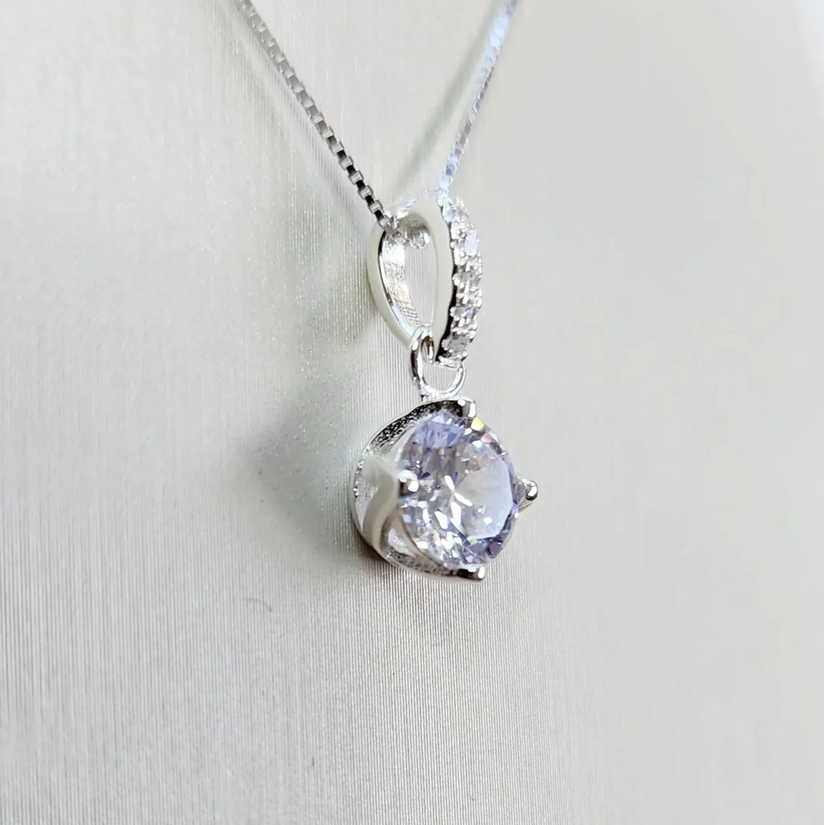 Sterling Silver CZ Drop with Round 4 Claw CZ Pendant and Sterling Silver Chain