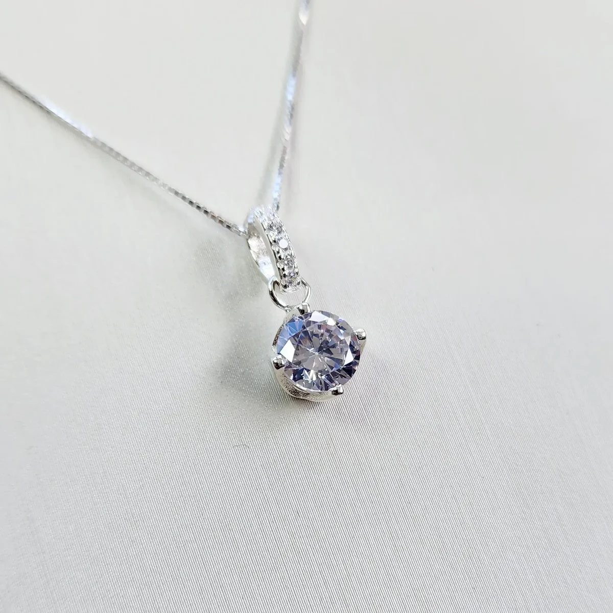 Sterling Silver CZ Drop with Round 4 Claw CZ Pendant and Sterling Silver Chain