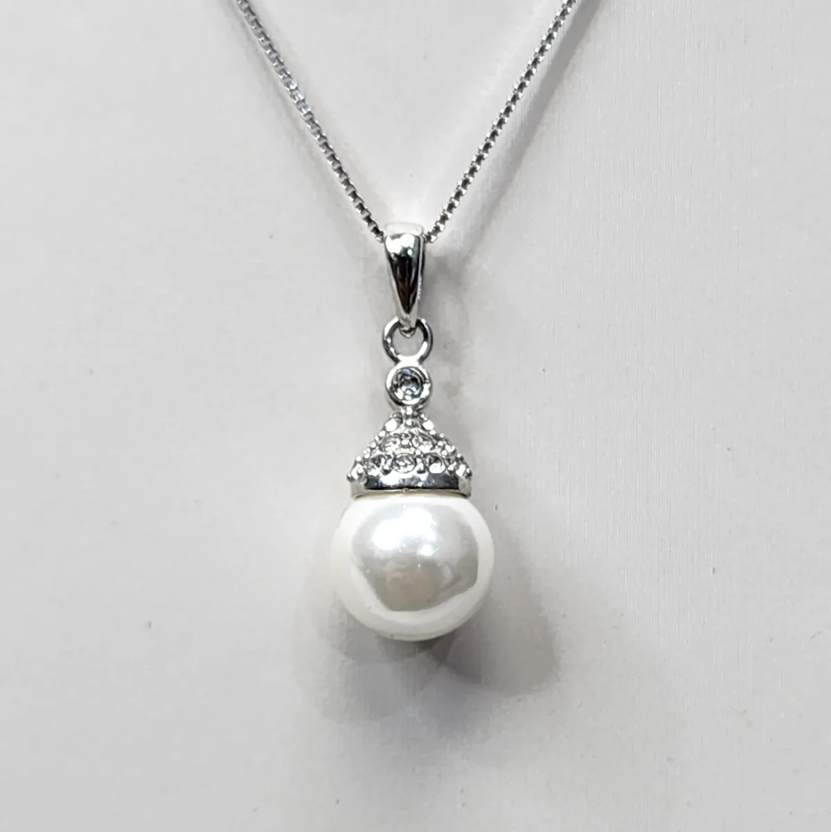 Sterling Silver CZ Pendant with 9mm Round White Freshwater Pearl and Sterling Silver Chain