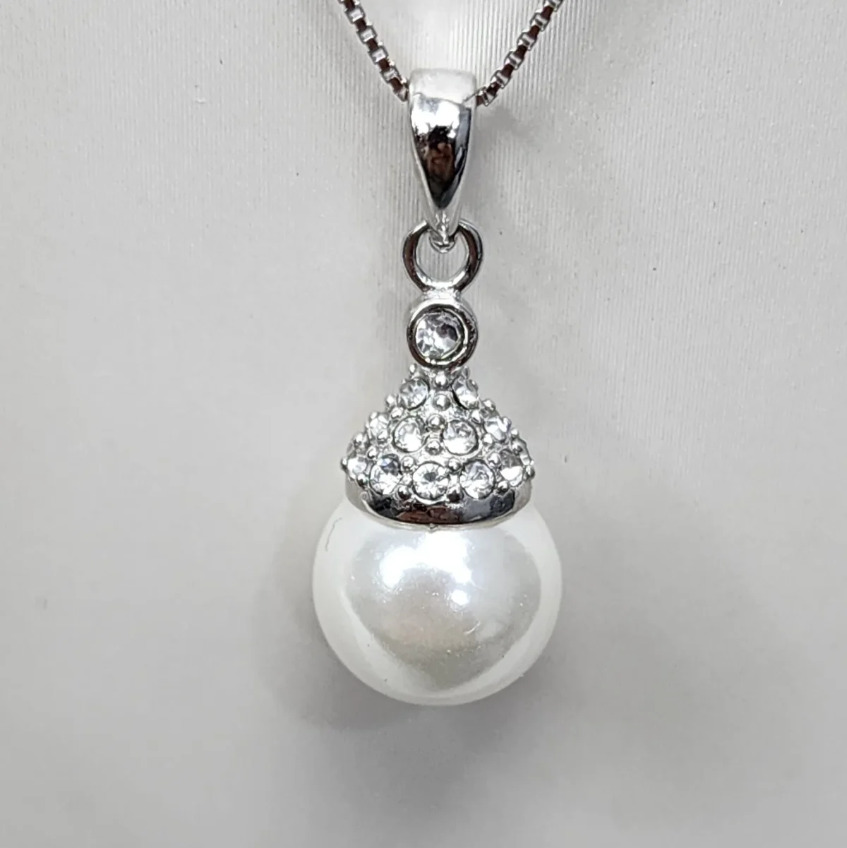 Sterling Silver CZ Pendant with 9mm Round White Freshwater Pearl and Sterling Silver Chain