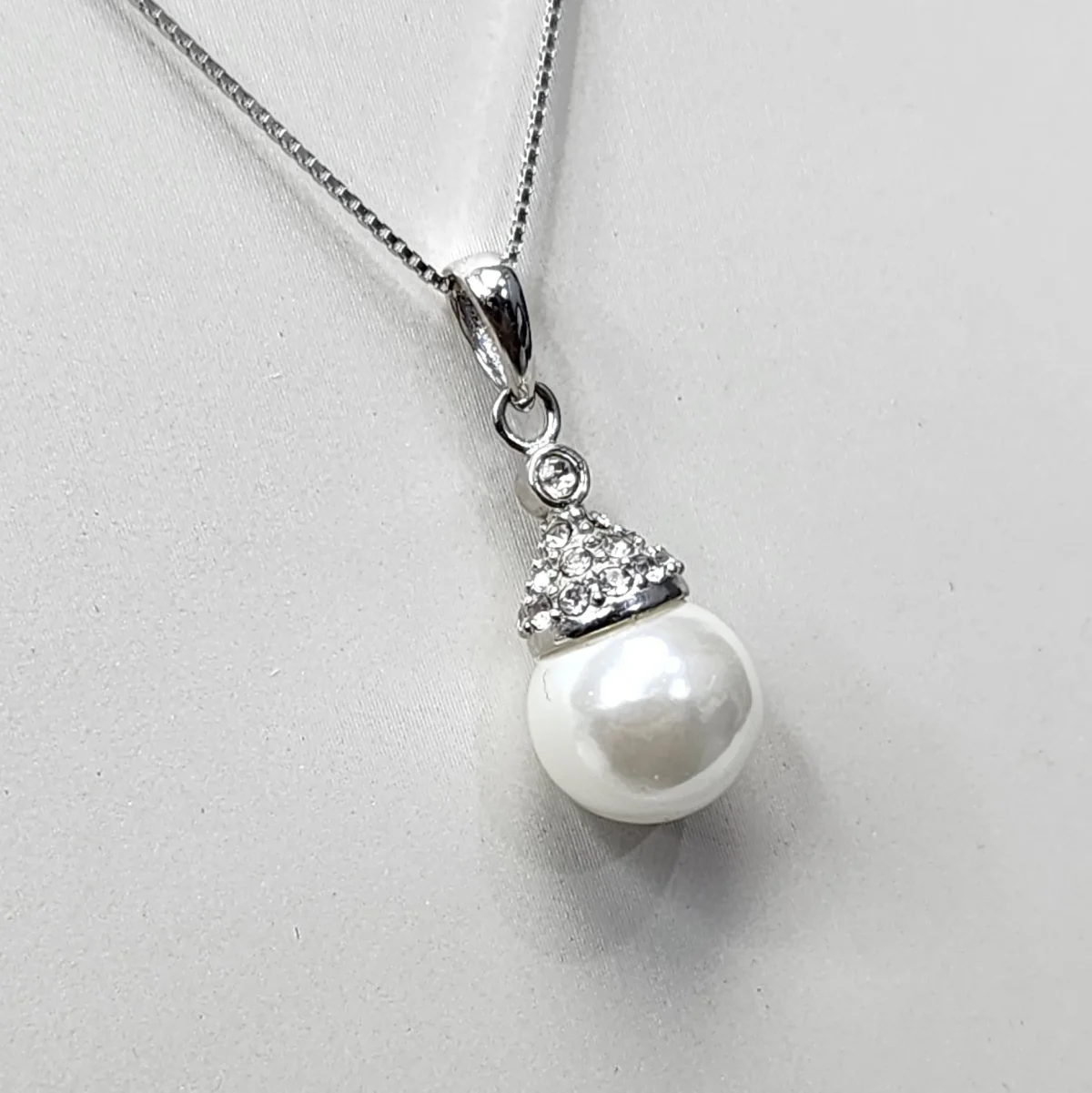 Sterling Silver CZ Pendant with 9mm Round White Freshwater Pearl and Sterling Silver Chain