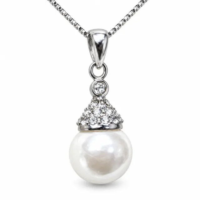 Sterling Silver CZ Pendant with 9mm Round White Freshwater Pearl and Sterling Silver Chain