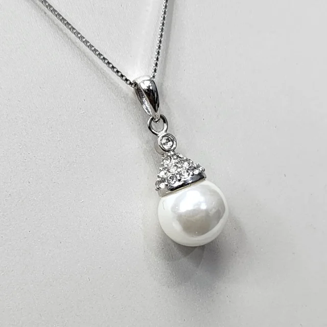 Sterling Silver CZ Pendant with 9mm Round White Freshwater Pearl and Sterling Silver Chain