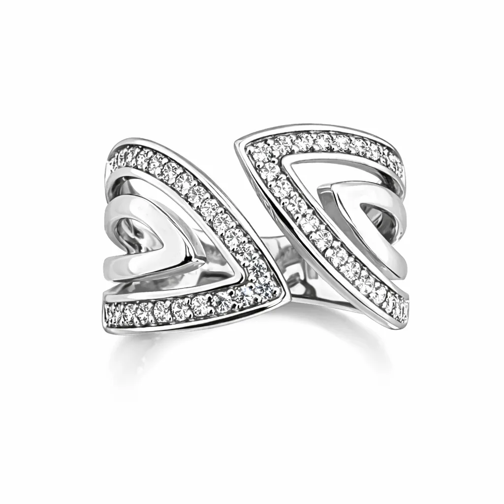 Sterling Silver Double Chevron Ring with Round Cut Cubic Zirconia – 13mm Wide Designer Ring - PT1643