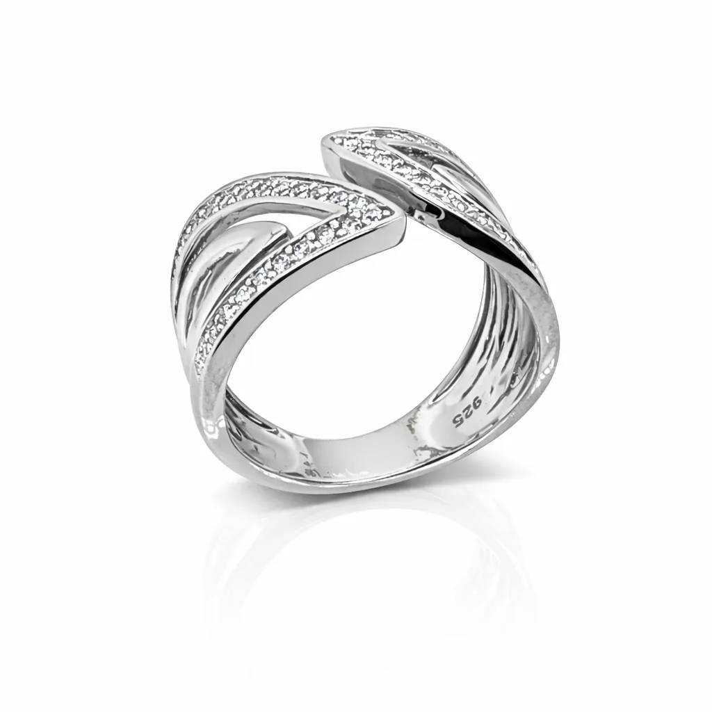 Sterling Silver Double Chevron Ring with Round Cut Cubic Zirconia – 13mm Wide Designer Ring - PT1643