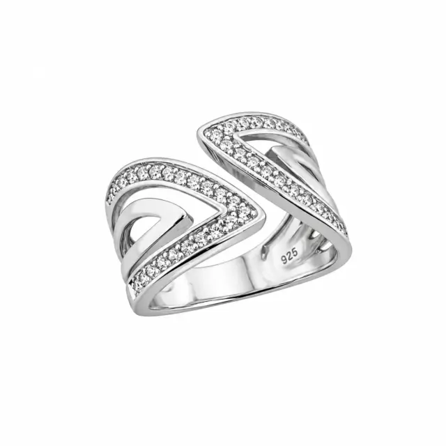 Sterling Silver Double Chevron Ring with Round Cut Cubic Zirconia – 13mm Wide Designer Ring - PT1643