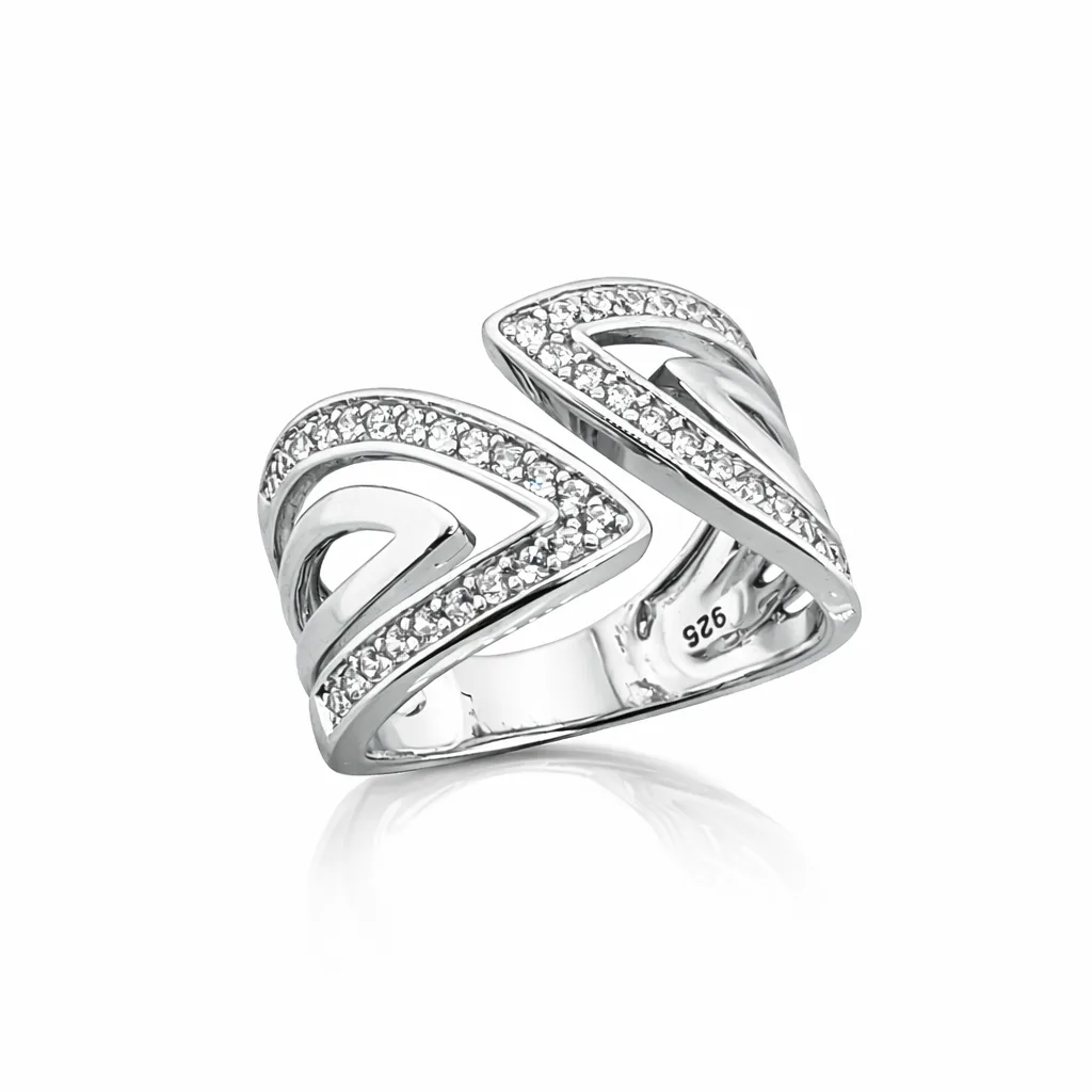 Sterling Silver Double Chevron Ring with Round Cut Cubic Zirconia – 13mm Wide Designer Ring - PT1643