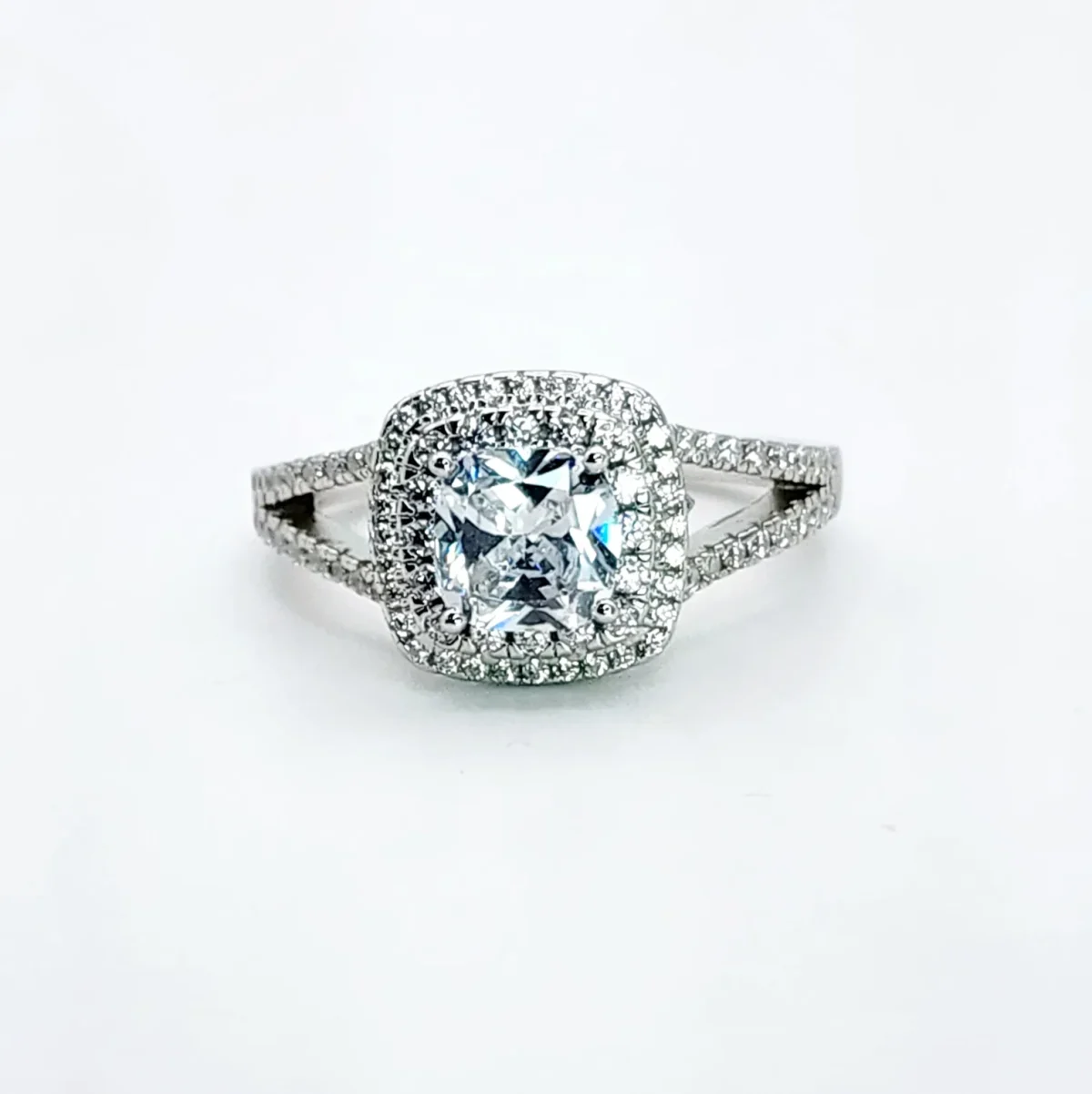 Sterling Silver Double Halo Split Shank Cubic Zirconia Engagement/Dress Ring