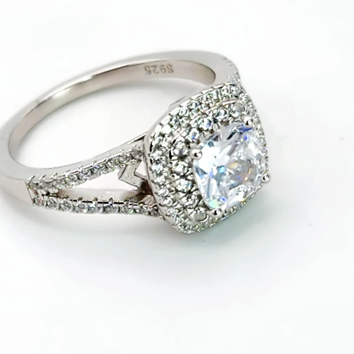 Sterling Silver Double Halo Split Shank Cubic Zirconia Engagement/Dress Ring