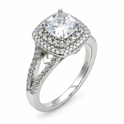 Sterling Silver Double Halo Split Shank Cubic Zirconia Engagement/Dress Ring