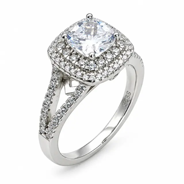 Sterling Silver Double Halo Split Shank Cubic Zirconia Engagement/Dress Ring