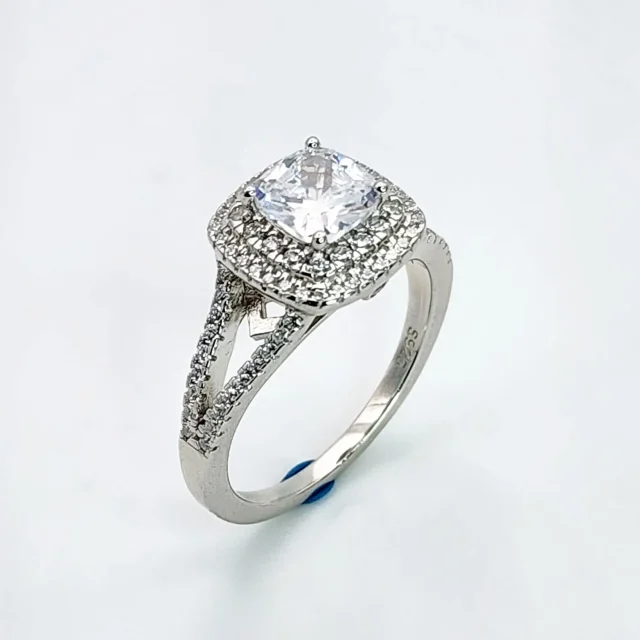 Sterling Silver Double Halo Split Shank Cubic Zirconia Engagement/Dress Ring