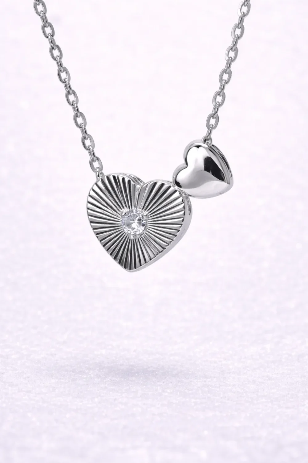 Sterling Silver Double Heart Pendant Necklace with CZ – Diamond Cut & Polished Finish - YL7393101