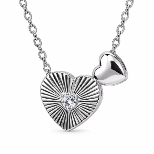 Sterling Silver Double Heart Pendant Necklace with CZ – Diamond Cut & Polished Finish - YL7393101