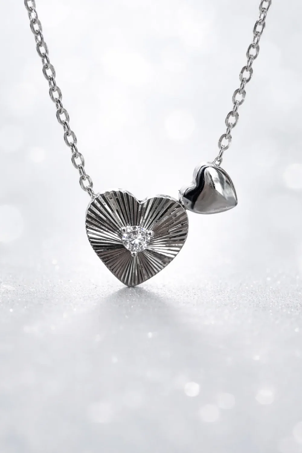 Sterling Silver Double Heart Pendant Necklace with CZ – Diamond Cut & Polished Finish - YL7393101