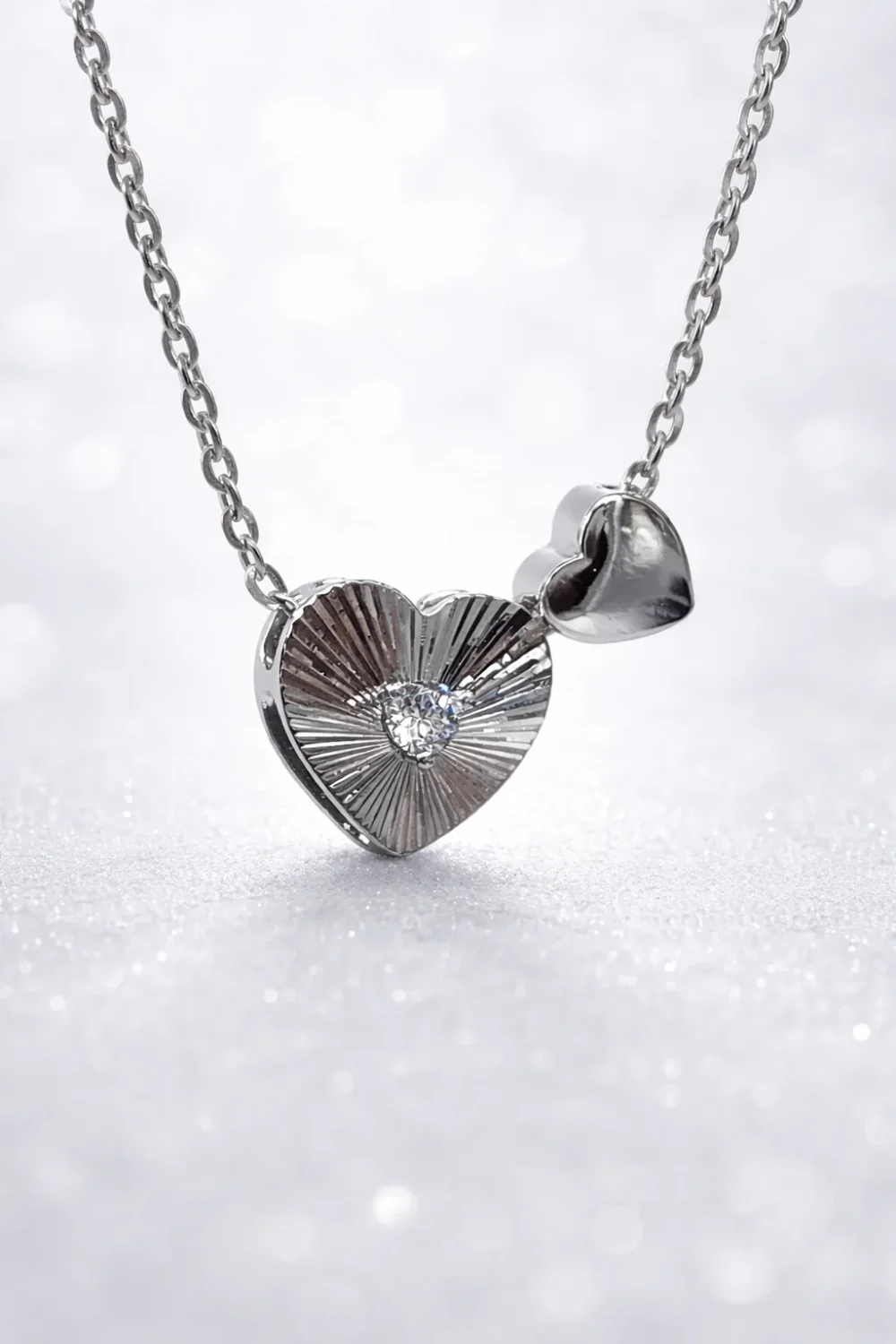 Sterling Silver Double Heart Pendant Necklace with CZ – Diamond Cut & Polished Finish - YL7393101