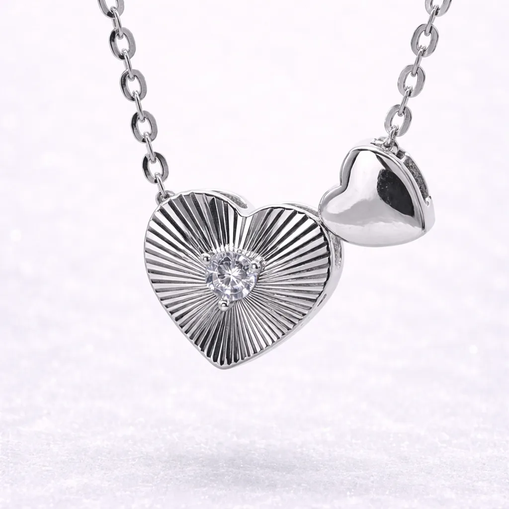 Sterling Silver Double Heart Pendant Necklace with CZ – Diamond Cut & Polished Finish - YL7393101