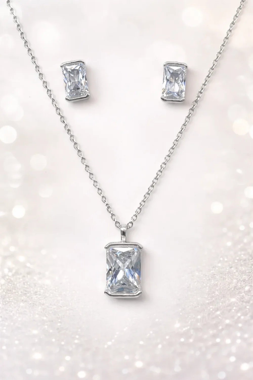 Sterling Silver Emerald Cut Cubic Zirconia Pendant & Stud Earrings Set