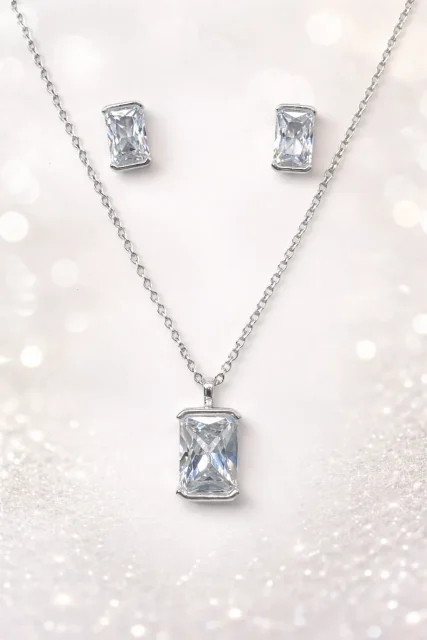 Sterling Silver Emerald Cut Cubic Zirconia Pendant & Stud Earrings Set