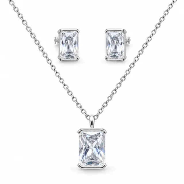 Sterling Silver Emerald Cut Cubic Zirconia Pendant & Stud Earrings Set