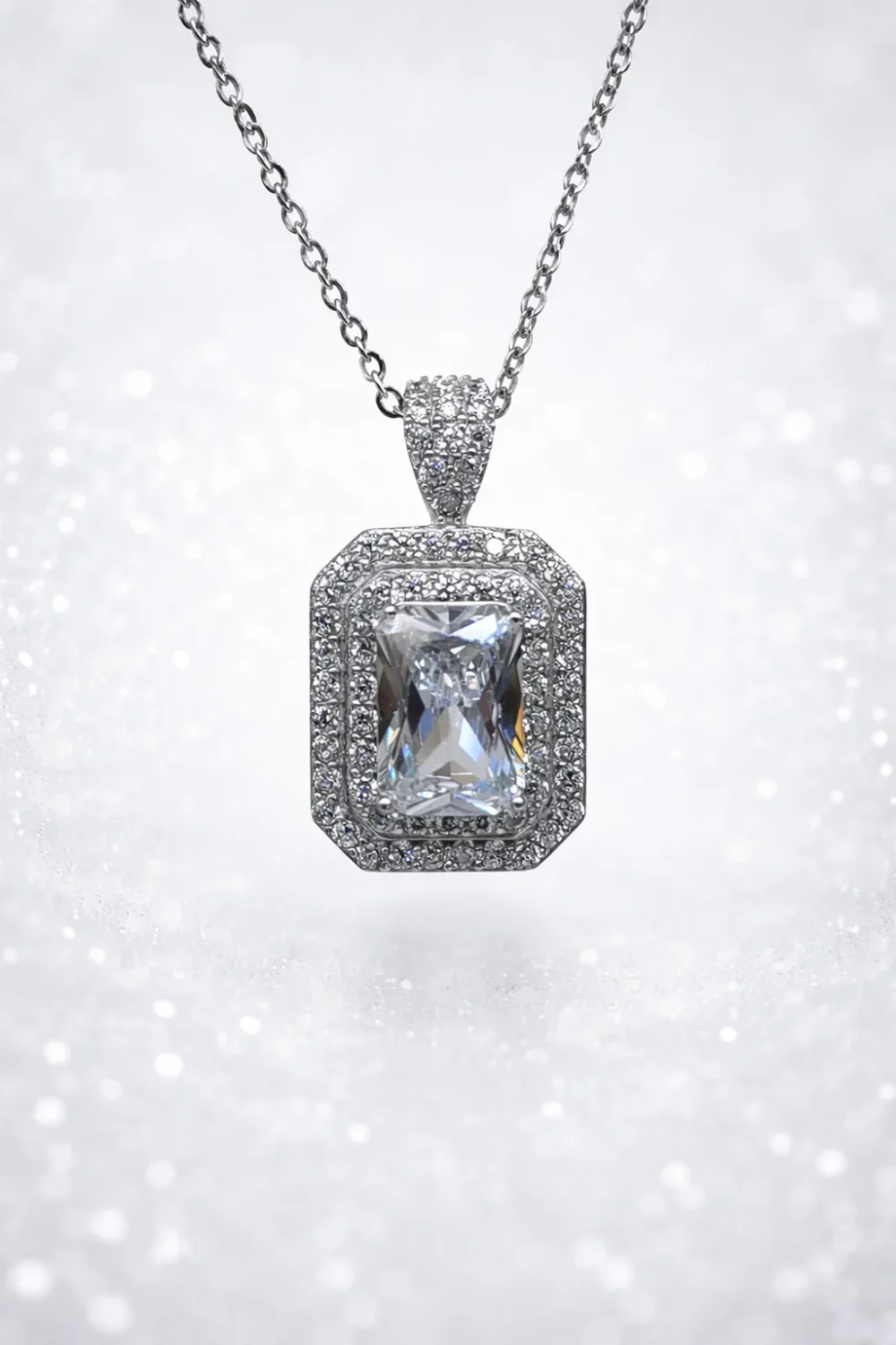 Sterling Silver Emerald Cut CZ Halo Pendant Necklace – Double Halo Micro Set with Adjustable Chain - YL6279101XK