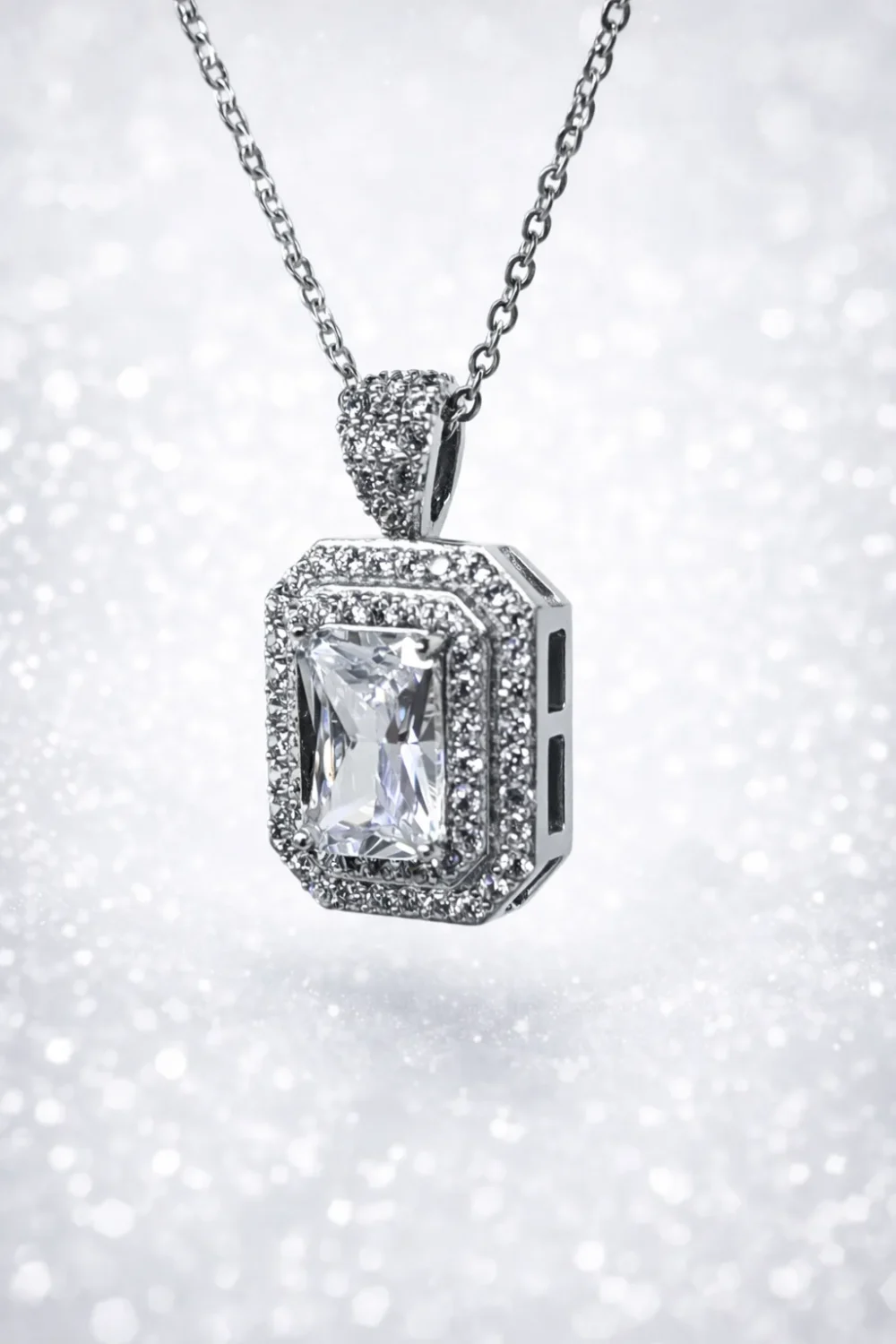 Sterling Silver Emerald Cut CZ Halo Pendant Necklace – Double Halo Micro Set with Adjustable Chain - YL6279101XK
