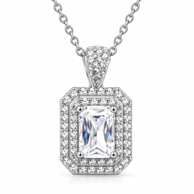 Sterling Silver Emerald Cut CZ Halo Pendant Necklace – Double Halo Micro Set with Adjustable Chain - YL6279101XK